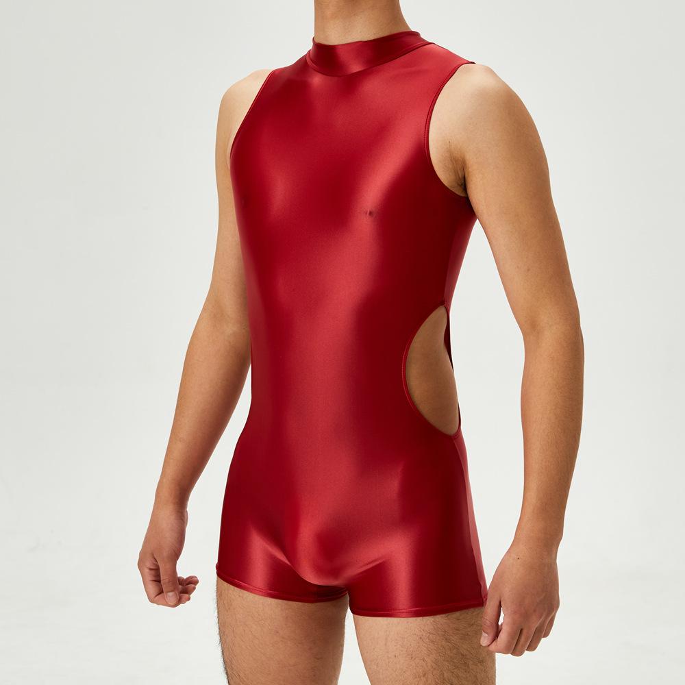 Sexy Herren-Einteiler Ausgeschnittenes Bodysuit Unisex Strumpfhose Elastisches Leotard Öl Glänzend Glatt Leotard Formgebender Jumpsuit