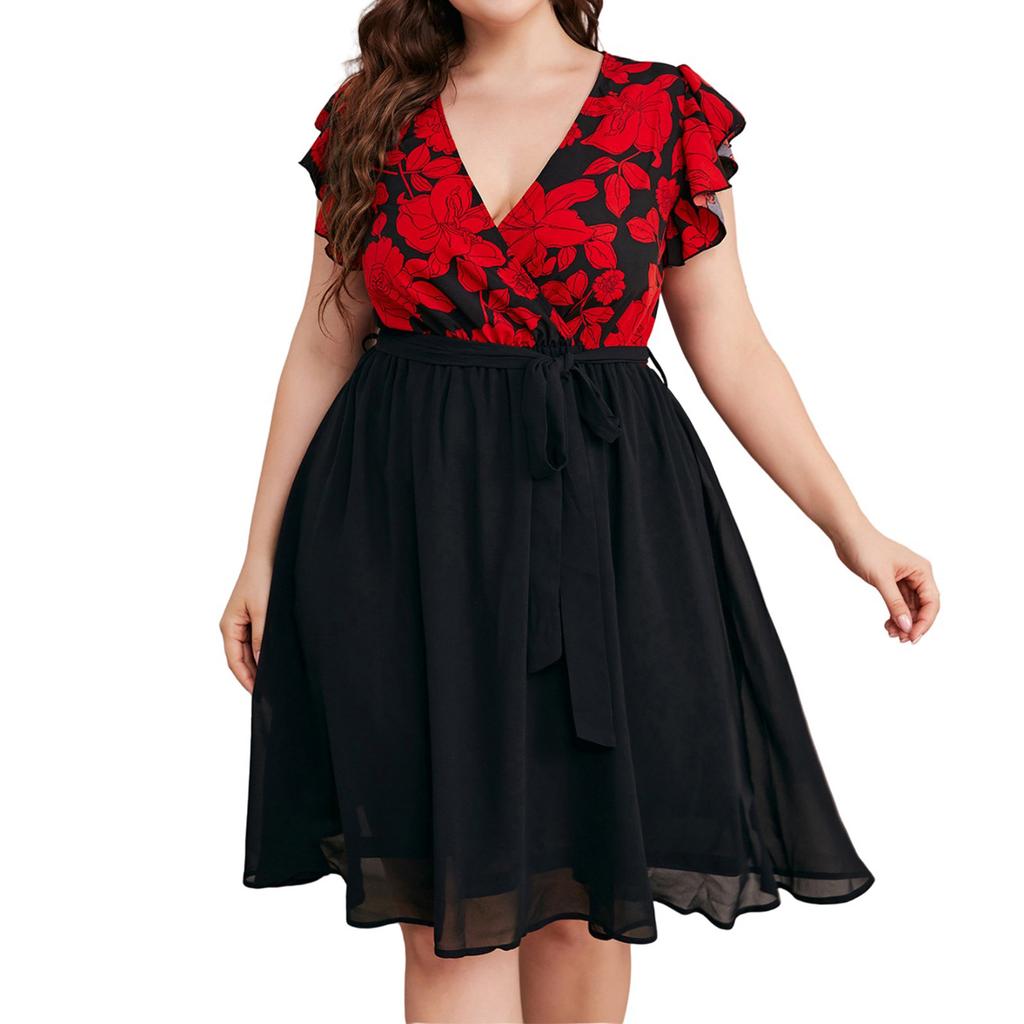 Women's Big Size Fashion Casual Loose Splicing Printed V-Neck Dresses