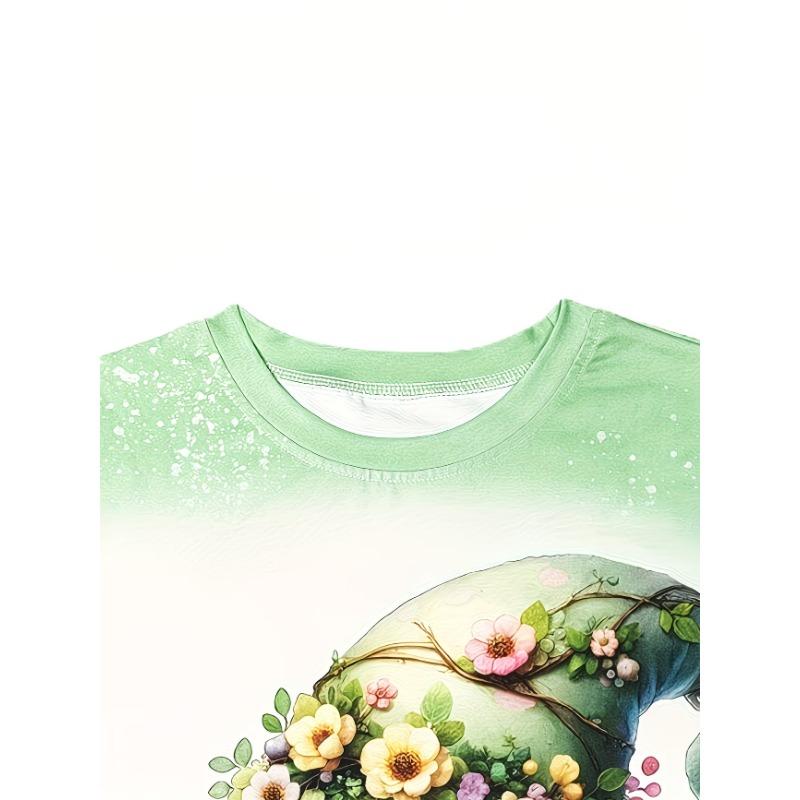 Camiseta de Manga Corta con Cuello Redondo, Estampado Floral de Abeja y Gnomo Lindo, Ropa Casual Diaria para Mujer