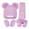 3Pcs/Set Kids Hat Scarf Gloves Set Solid Color Jacquard Plush Ball Decor Knitting Hat Long Scarf Winter Gloves Set