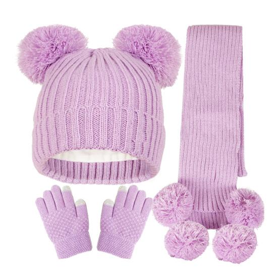 3Pcs/Set Kids Hat Scarf Gloves Set Solid Color Jacquard Plush Ball Decor Knitting Hat Long Scarf Winter Gloves Set