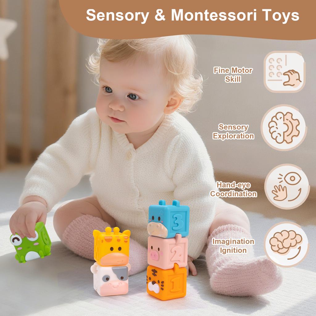 3D Cube Animal Stacking Toys Baby Soft Silicone Building Blocks Toys Bath Toys Toddler Early Educational Sensory Montessori Toys