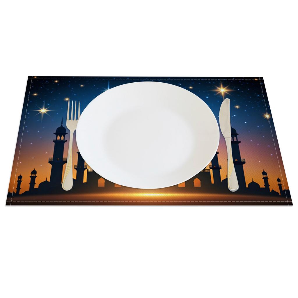 Ramadan Eid Tischsets Islamische Moschee Mondsichel Stern Design Festliche Tischdekoration für Iftar Eid al Fitr Langlebig Waschbar
