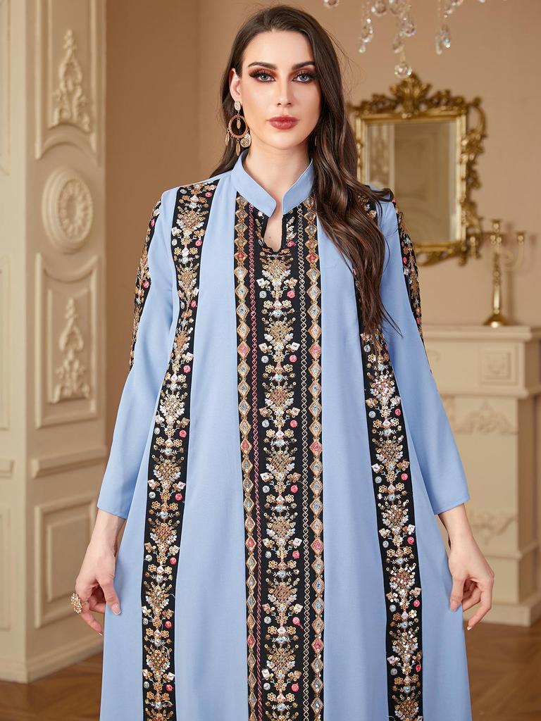 Middle Eastern V-neck Embroidered Color-Block Muslim Dress