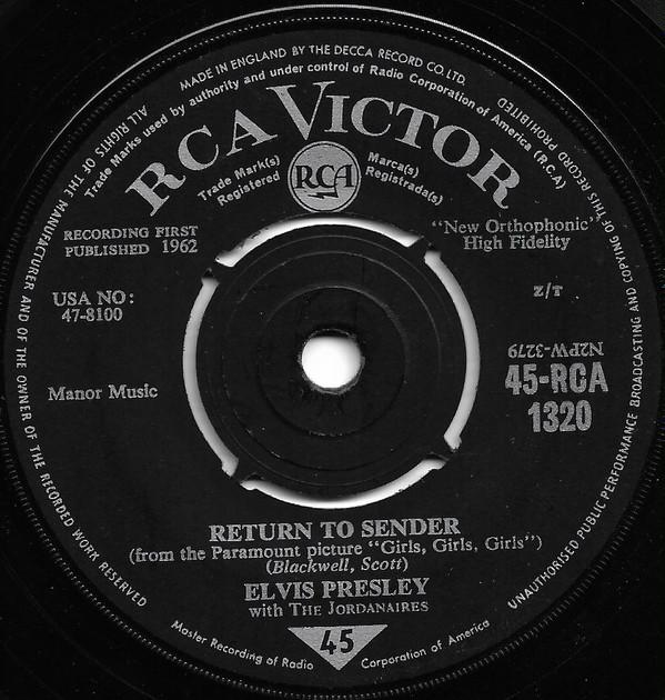 

7inch Record ELVIS PRESLEY, THE JORDANAIRES - Return To Sender 45RCA1320 RCA Victor 1962 UK Rock Used