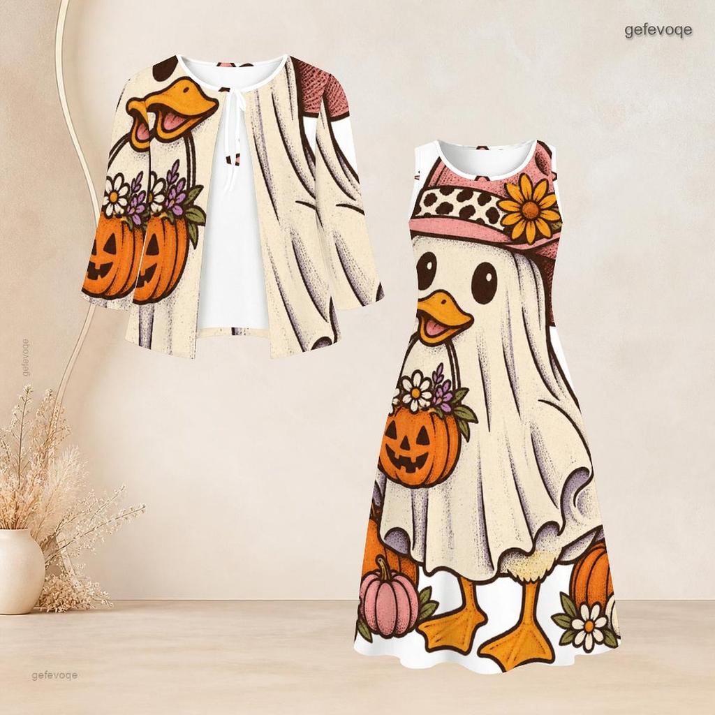 Women Plus Size Two Piece Set Halloween Printed Three Quarter Sleeve Cardigan Sleeveless Long Dress