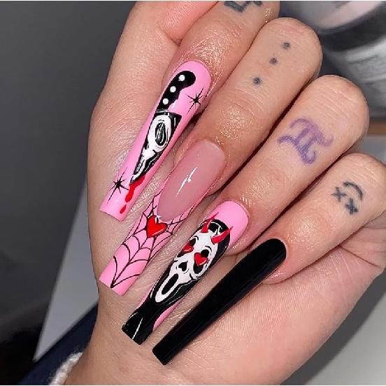 Halloween Press on Nails for Women, Bone Long Acrylic Press On Nails Kit, Reusable Fake Nails Halloween Decorations Daily Wear Gifts 24 Pcs