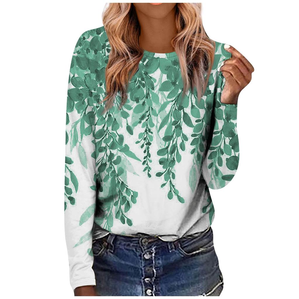 Women's Fashion Casual LongSleeve  Print Round Neck Pullover Top Blouse