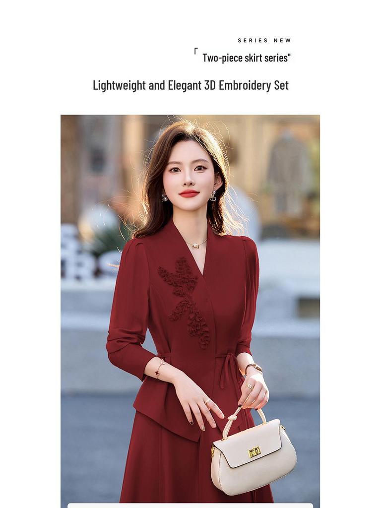Red Elegant Women's Suit Set: Chic Waist-Slimming Shirt & Midi Skirt for Spring/Autumn 2025.