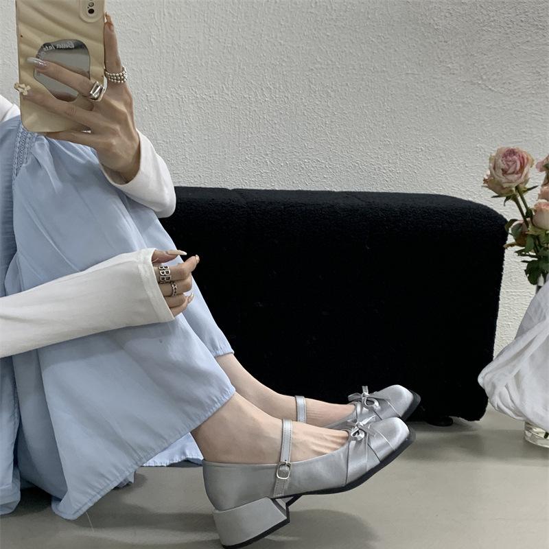 AL Small Fragrant Style Satin Bow Thick Heel Mary Jane Shoes Women's Evening Shoes Spring Light Mouth Medium Heel Single Shoes Small Leather Shoes