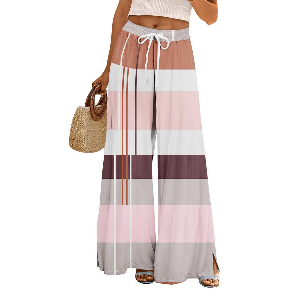 Women Summer Boho Palazzo Pants High Waist Wide Leg Floral Printing Casual Trousers With Pockets