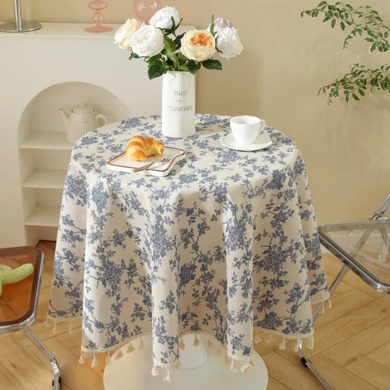 

Solid Embroidery Round Tablecloth With Tassels Dust-Proof Table Cover For Kitchen Living Room Dinning Party Tabletop Decorations Diameter 90cm