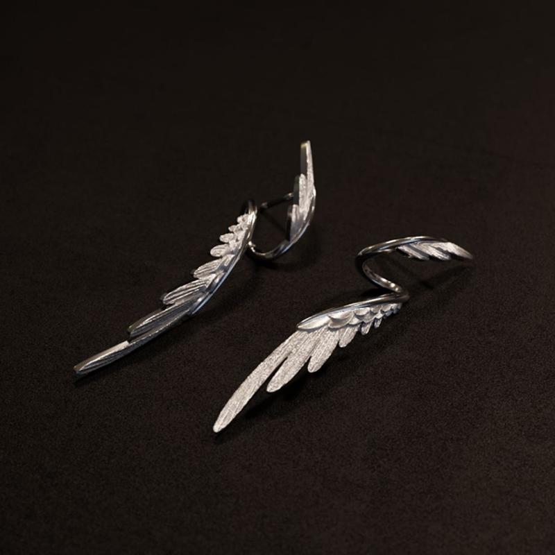 Simple Alloy Long Wing Stud Temperament Feather Earrings Silver Wings Shape Elf Ear Cuff Earrings Jewelry Accessories Gifts
