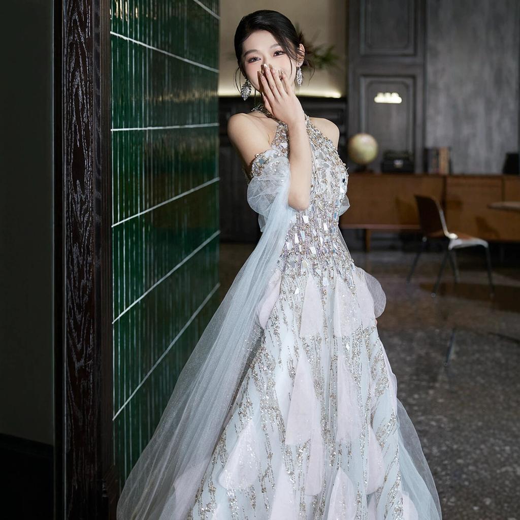 Evening dress women's 1011 new neck engagement morning robe heavy industry light luxury bridal toasting clothes host catwalk dress