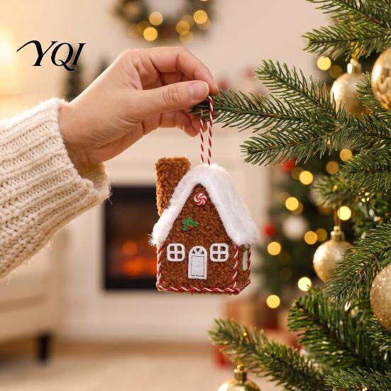 Miniature Cabin Tabletop Decor Plush Christmas House Hanging Ornament, Fabric Gingerbread Pendant with Reusable Festive Scene Accessory Rope,