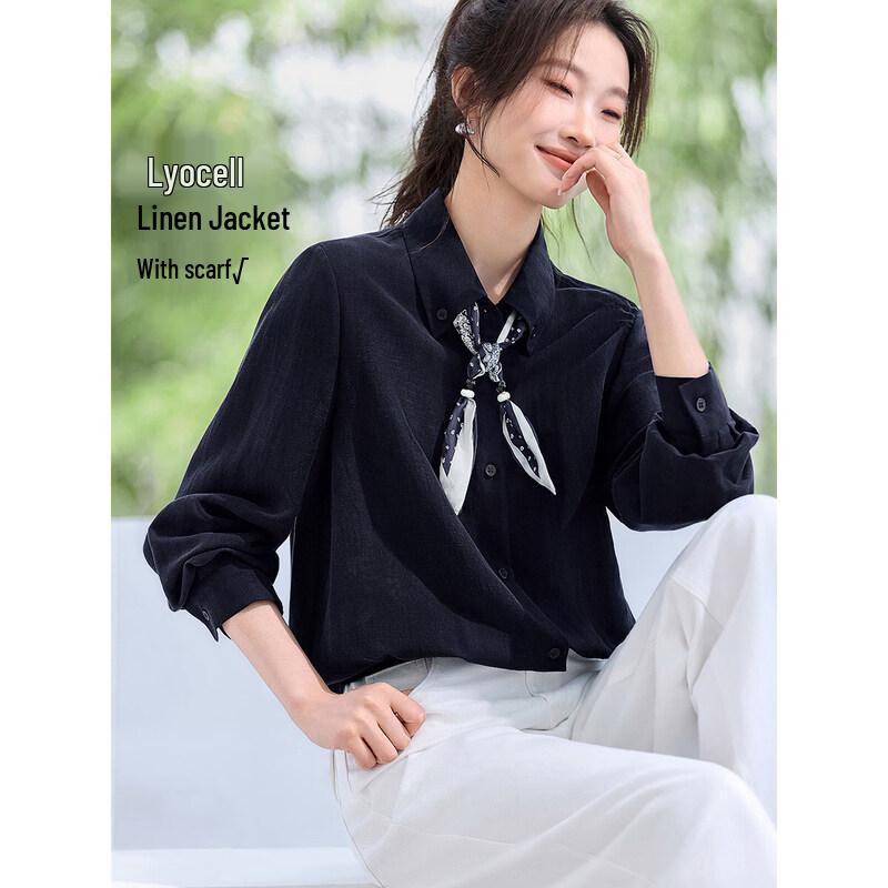 Elegant Linen Blend Shirt Jacket with Detachable Scarf S