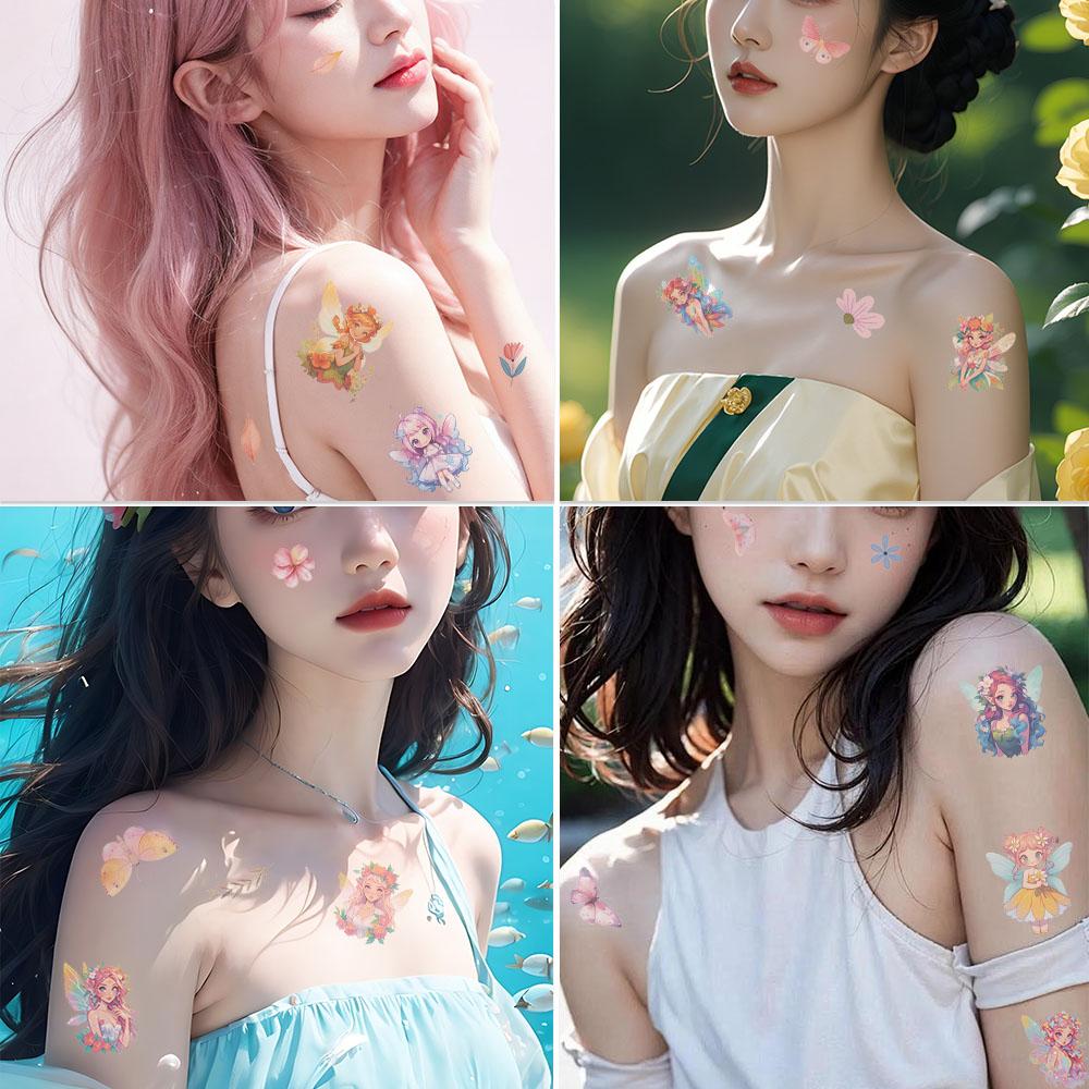 10sheets Colorful Flower Fairy Tattoo Stickers For Face Arm Body Temporary Decorative Tattoo Stickers Girls Creative Gifts