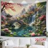2D Flat, 1pc 2D Flat Tapestry Serene Mountain Landscape with Ancient Pavilion, Arched Bridge, and Cherry Blossoms Reflected in Tranquil Waters, 2D Fla