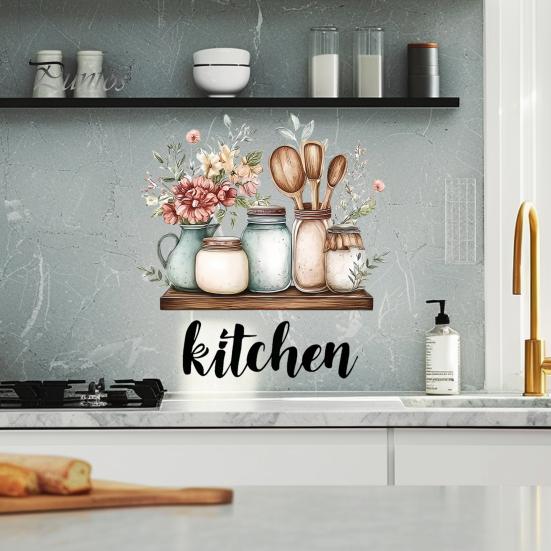 Vintage Kitchen Illustration Decals Cartoon Wall Sticker, Watercolor Decorative Decal, PVC Waterproof Art Retro Decor Mural, Removable for Cabinet