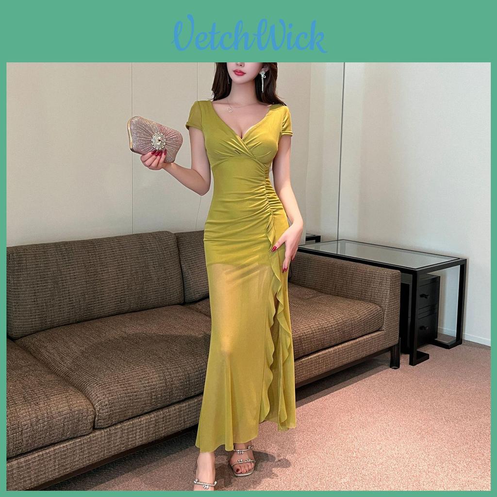 Elegant Polyester V Neck Dress With Slit For Office Wear Women Spring 2025