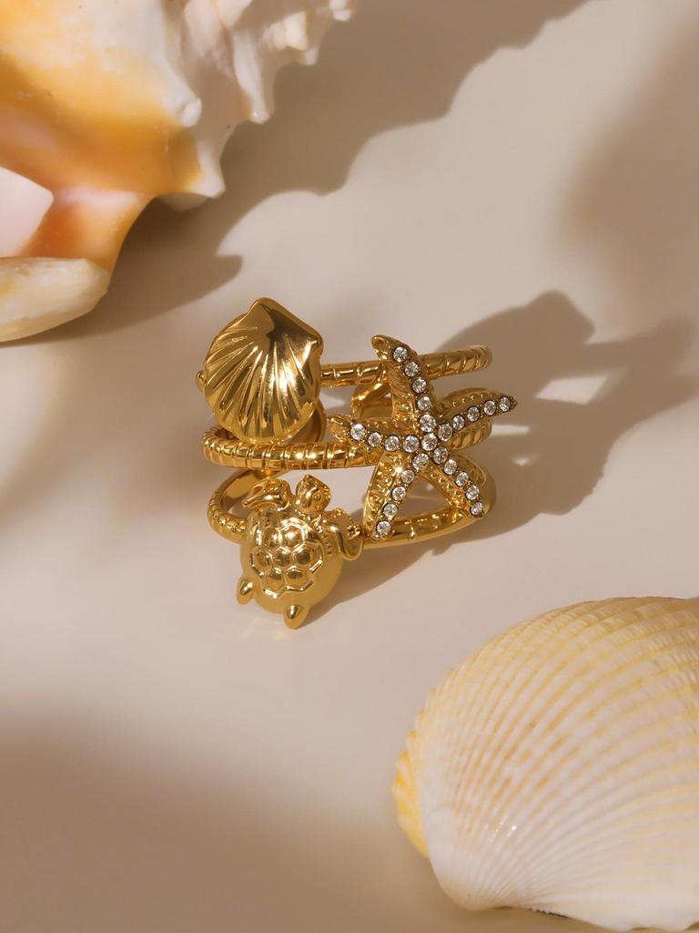 Qiong Yao 18k Gold-Plated Zircon Octopus Starfish Ring - Fashionable and Durable Index Finger Jewelry