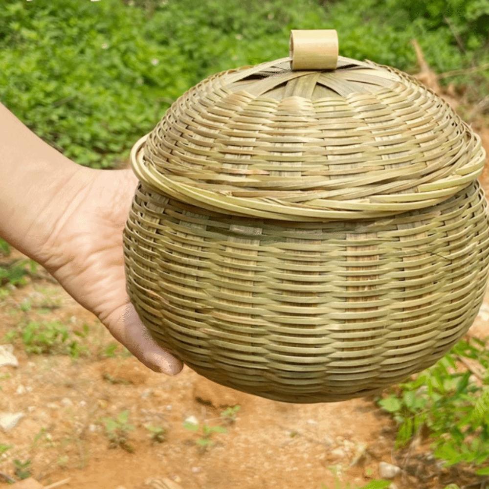 Vegetable Food Hand Woven Storage Basket Round Multi-Purpose Storage Box with Lid Durable Wicker Tray Home Organizer