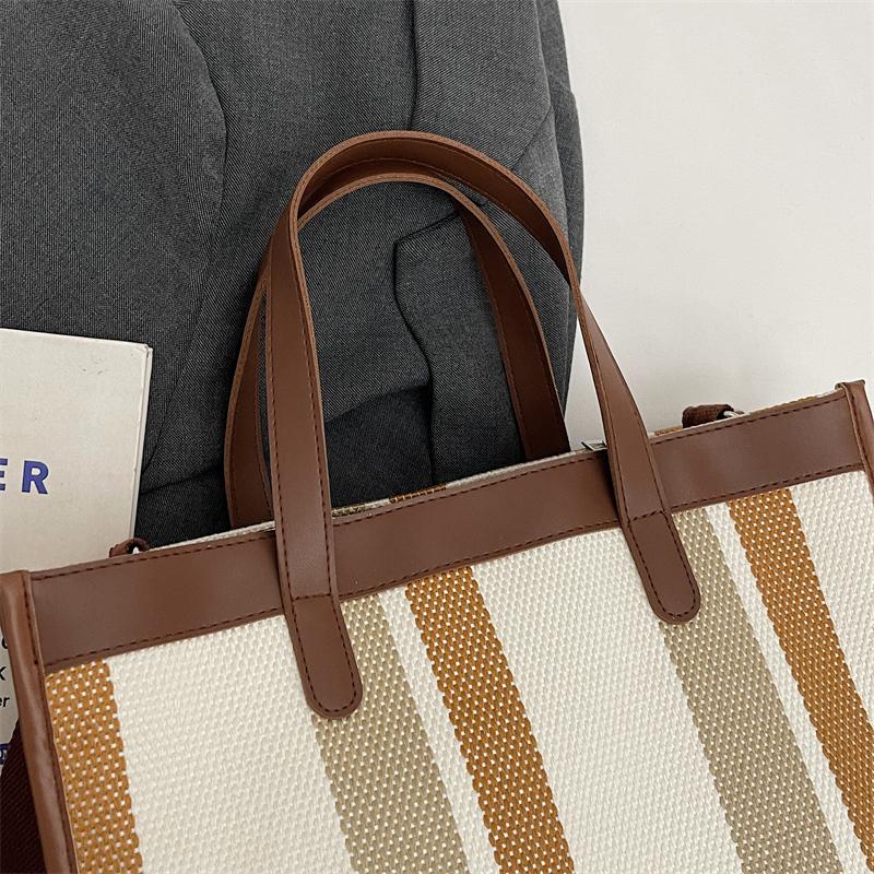 Large Capacity Canvas Bag Hand Carrying Student Class Crossbody Bag Striped Contrast Tote Bag