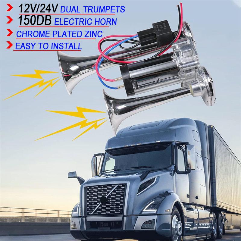 Super Loud 150DB Car Electric Dual Trumpet Horns 12V 24V Air Horn Speaker for Car SUV Vehicle Boat Train Motorcycle RV Truck