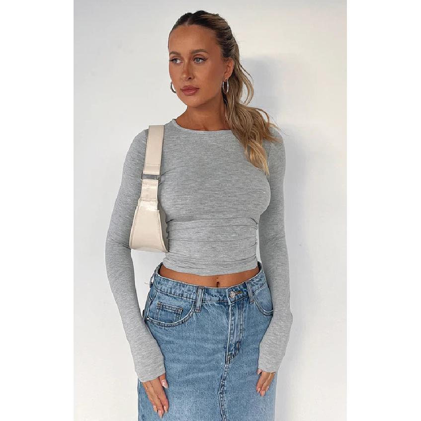Popular women's casual long-sleeve T-shirt, spring and autumn solid color slim-fit pullover T-shirt, women's streetwear base shirt top