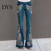 Women Mid Waist Jeans Floral Embroidery Flared Leg Button Zipper Closure with Pockets Plus Size Trousers Long for Dating Daily Wear Commuting