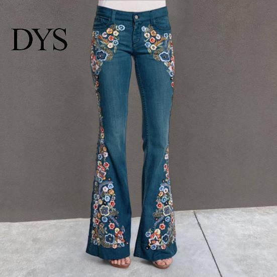 Women Mid Waist Jeans Floral Embroidery Flared Leg Button Zipper Closure with Pockets Plus Size Trousers Long for Dating Daily Wear Commuting