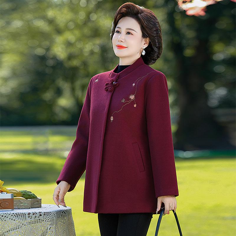 Stylish Woolen Coat for Middle-Aged and Elderly Women - Spring & Autumn Round Neck Top for Mothers & Grandmothers