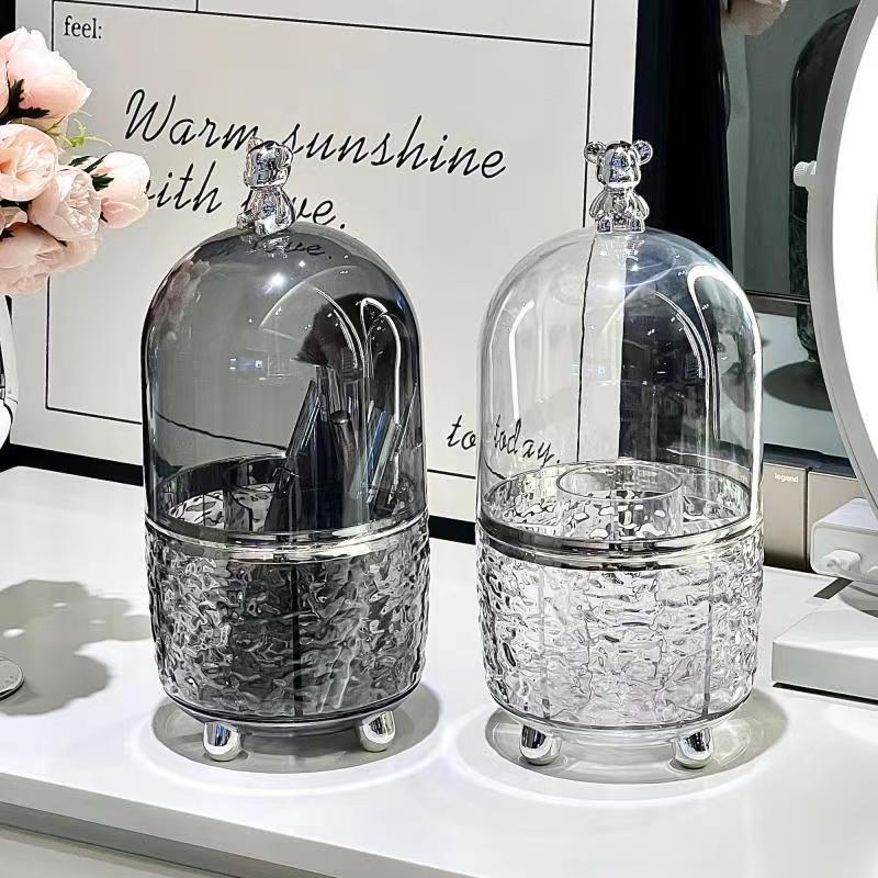 Porta pennelli da trucco trasparente con coperchio, girevole a 360°, antipolvere, organizer per pennelli da trucco, per scrivania, cosmetici, scatola portaoggetti