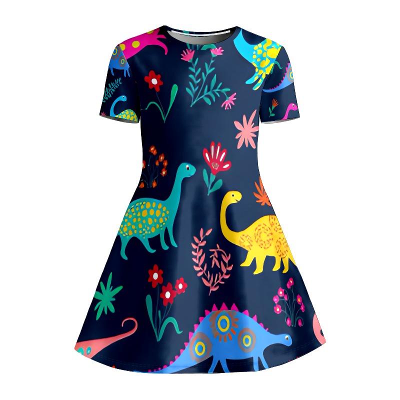 Little Girls 3 Styles Cartoon Floral Idol Print Short Sleeve A-Line Dress Kids Summer Daily Casual Flared Swing Dress