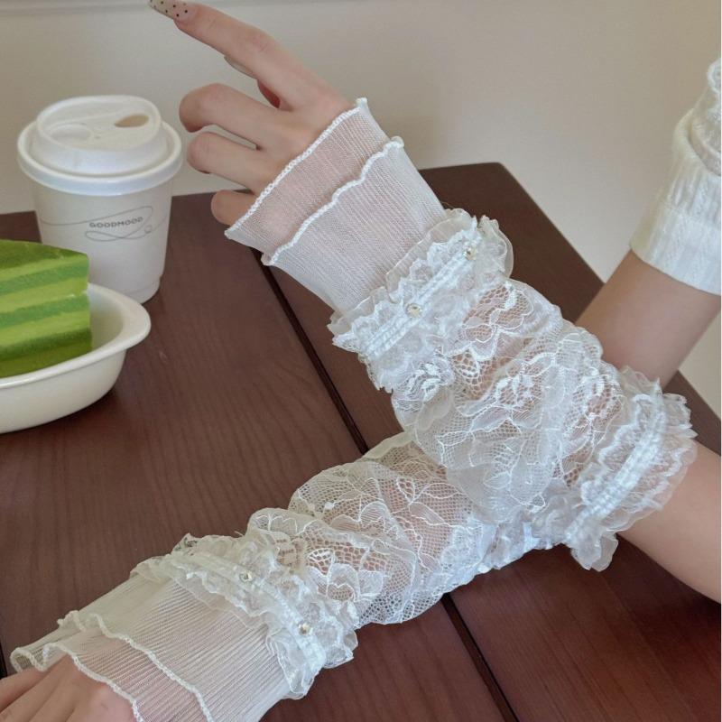 Sweet Style Lace Arm Sleeves with Bow Sparkling Rhinestone Glove Covers Pure Color Sun Protection Accessories for Women 2025 New