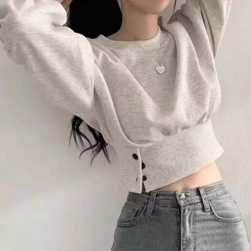 Spring and Autumn Casual Long-sleeved Short Round Neck Pullover Sweatshirt