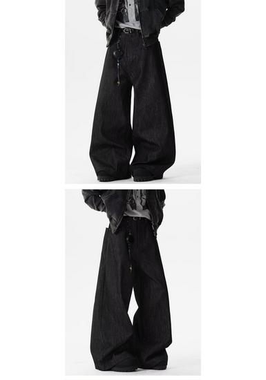 Red Dragon Embroidered Curved Blade Denim Pants: Unisex Wide-Leg, Slight Flare, Long Workwear Style.