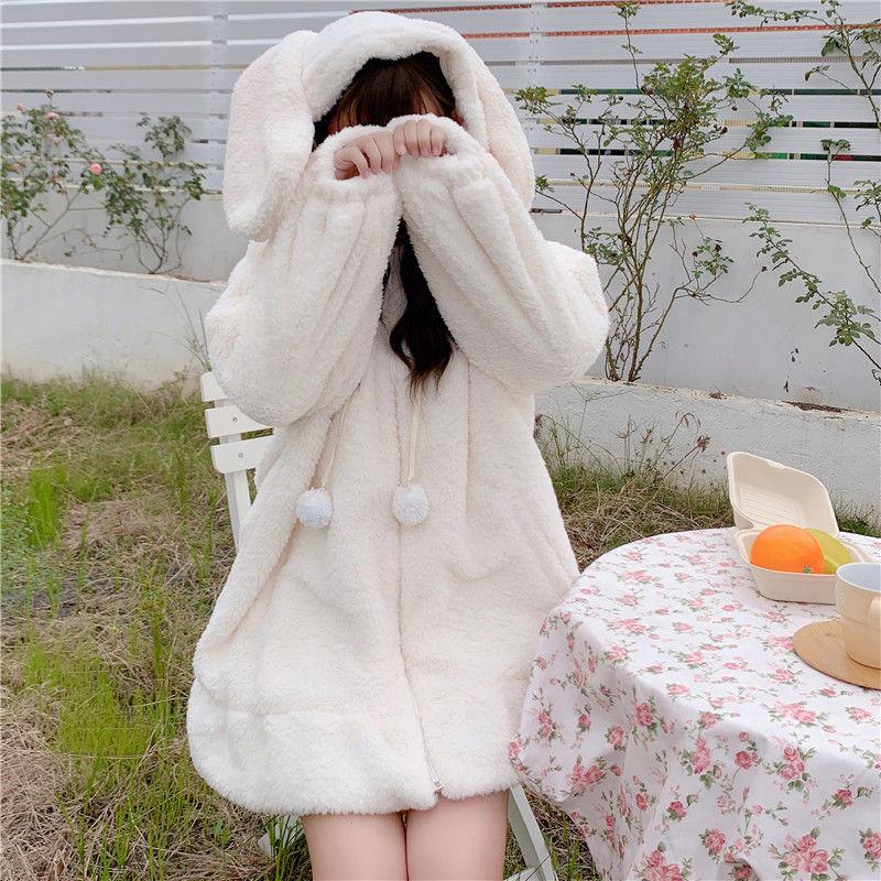 Felpe con cappuccio da donna Solid Zip-up manica lunga lanterna con cappuccio orecchie di coniglio Lolita carino dolce ragazze stile Harajuku capispalla larghi caldi