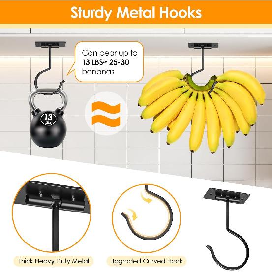 Self Adhesive Banana Hook Under Cabinet Foldable Banana Hanger Black Metal Under Counter Banana Hook to Keep Bananas Fresh Banana Holder for Kitchen