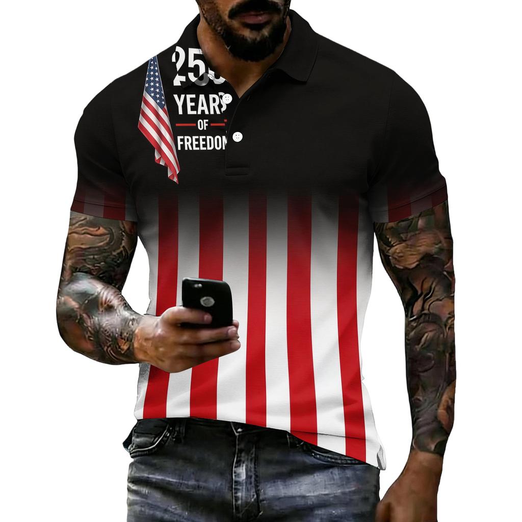 Men's Short Sleeve Polo Shirt 250th Anniversary Commemorative USA Flag Print Patriotic Sports Shirt 1776 to 2026 Celebration Apparel