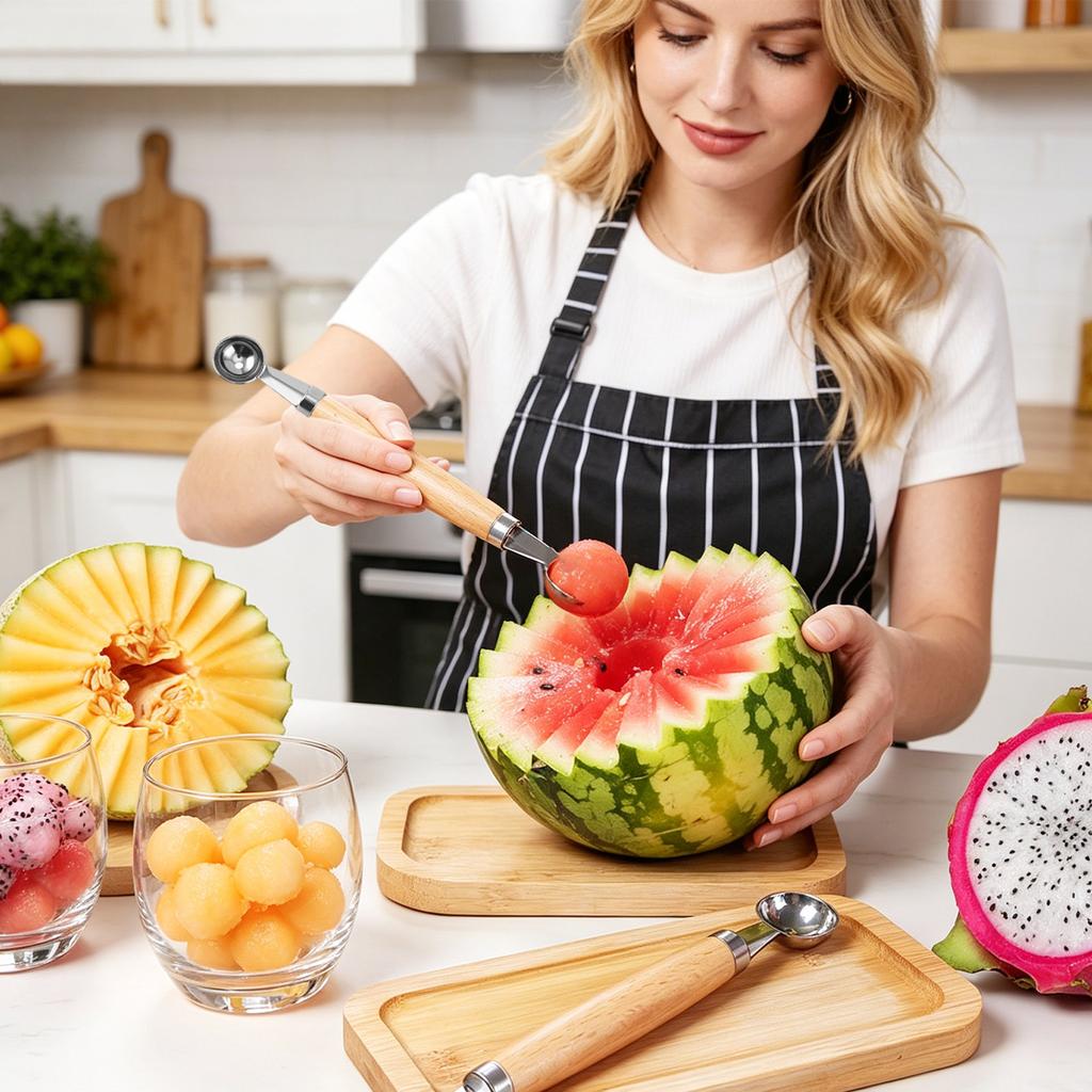 Doppelseitiger Obstlöffel und Melonenlöffel aus Edelstahl mit Holzgriff Küchenwerkzeug zum Ausstechen und Teilen von Früchten