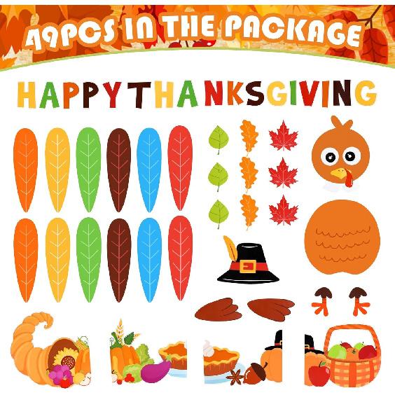 Konsait 49Pcs Turkey Bulletin Board Decorations, Happy Thanksgiving Cutouts for Bulletin Board, Thanksgiving Decoration for School Home Office