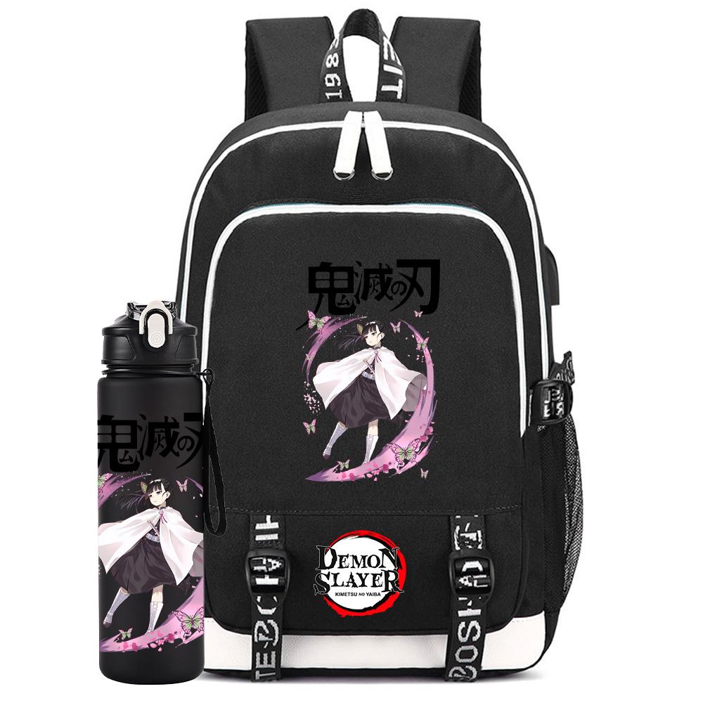 2Pcs/set Anime Demon Slayer Printed Backpack Large Capacity Waterproof Bookbag With 750ml Water Bottler Laptop Student Boy Girl Bookbag Gift