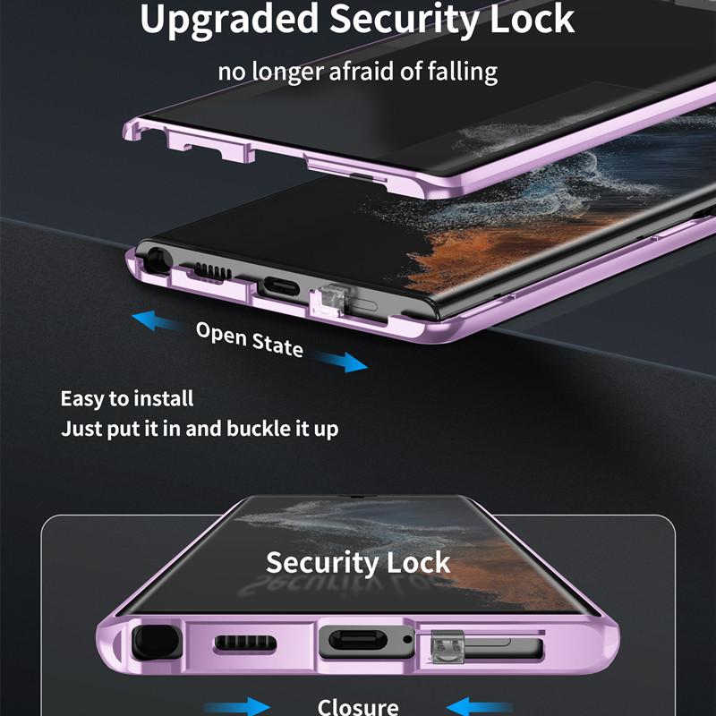 For Samsung Galaxy S22 Ultra 5G Phone Case Double-Sided Tempered Glass+Magnetic Metal Frame Cover with Lock Buckle