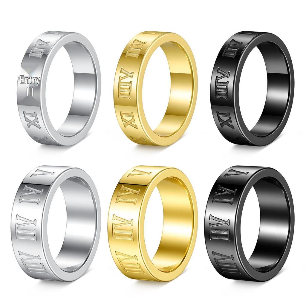 Trendy Men's Titanium Steel Roman Numerals Ring - Non-fading Vacuum Plated Jewelry.