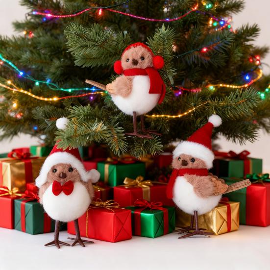 Cute Fluffy Plush Foam Bird Christmas Tree Ornament Simulated Bird Figurine with Red Hat And Scarf for Christmas Tree Mantel Desk Decoration