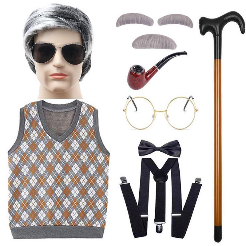 Classic Grandfather Costume Wig Set Featuring Short Soft Curly Hair And Stylish Vest For Kids