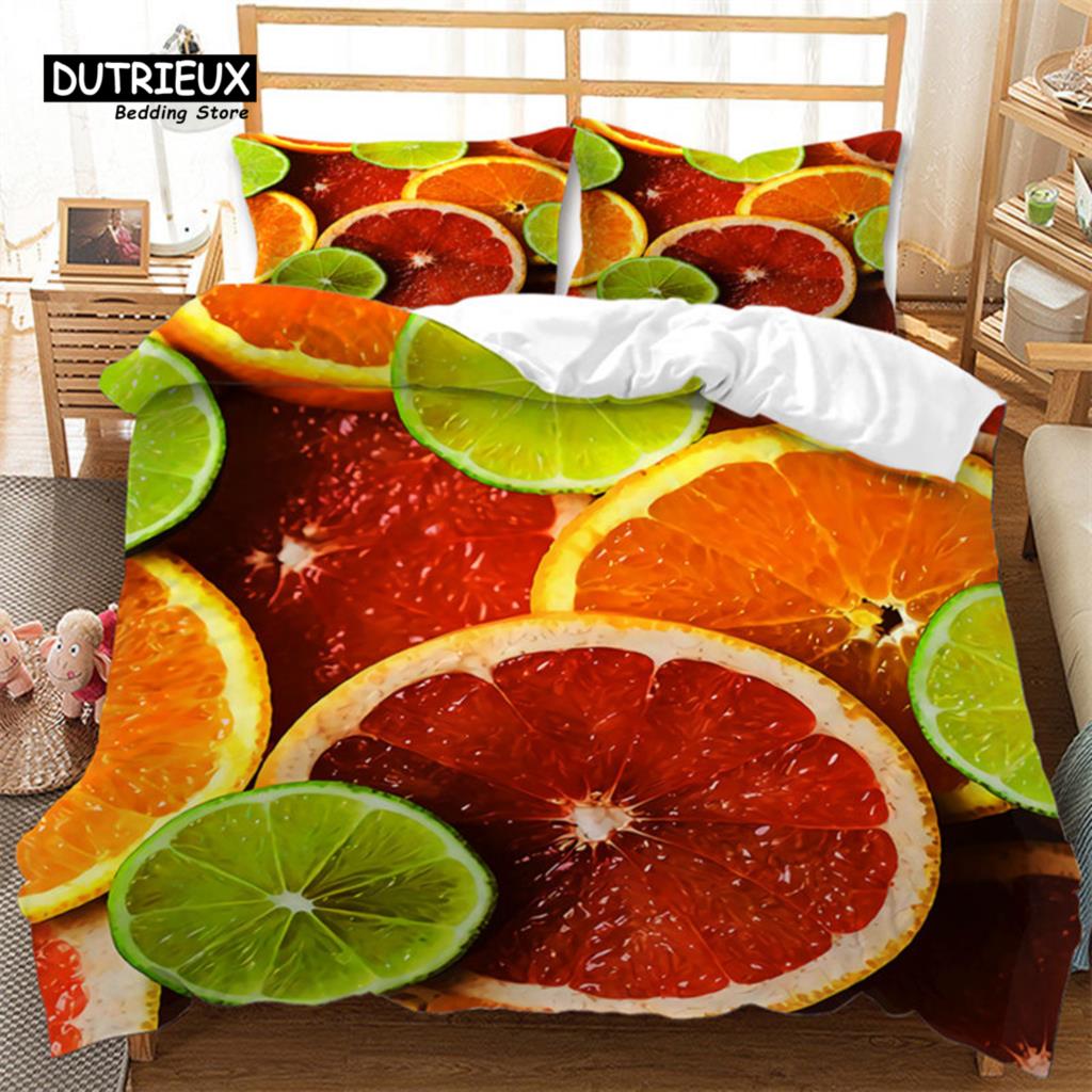Summer Tropical Fruit Bedding Set Cartoon Fruits Orange Lemon Print Duvet Cover Microfiber Double Comforter Cover Bedroom Decor