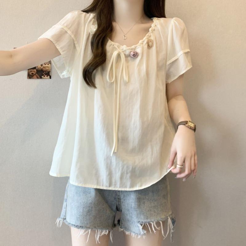 Women's Three-dimensional Flower T-shirt Loose Round Neck Bow Tie Design Ladies T-shirts Summer Daily Comfortable Famale Pullover Top