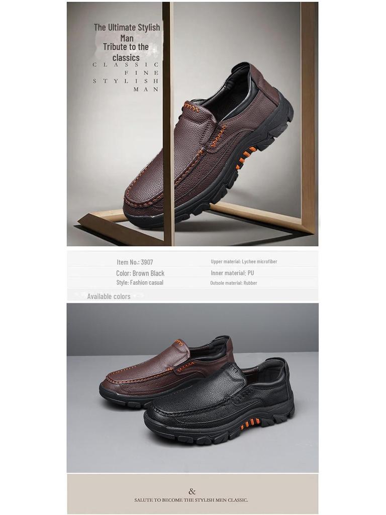 Men's British Style Slip-On Leather Shoes - Round Toe, Wear-Resistant, Casual for Middle-Aged & Elderly